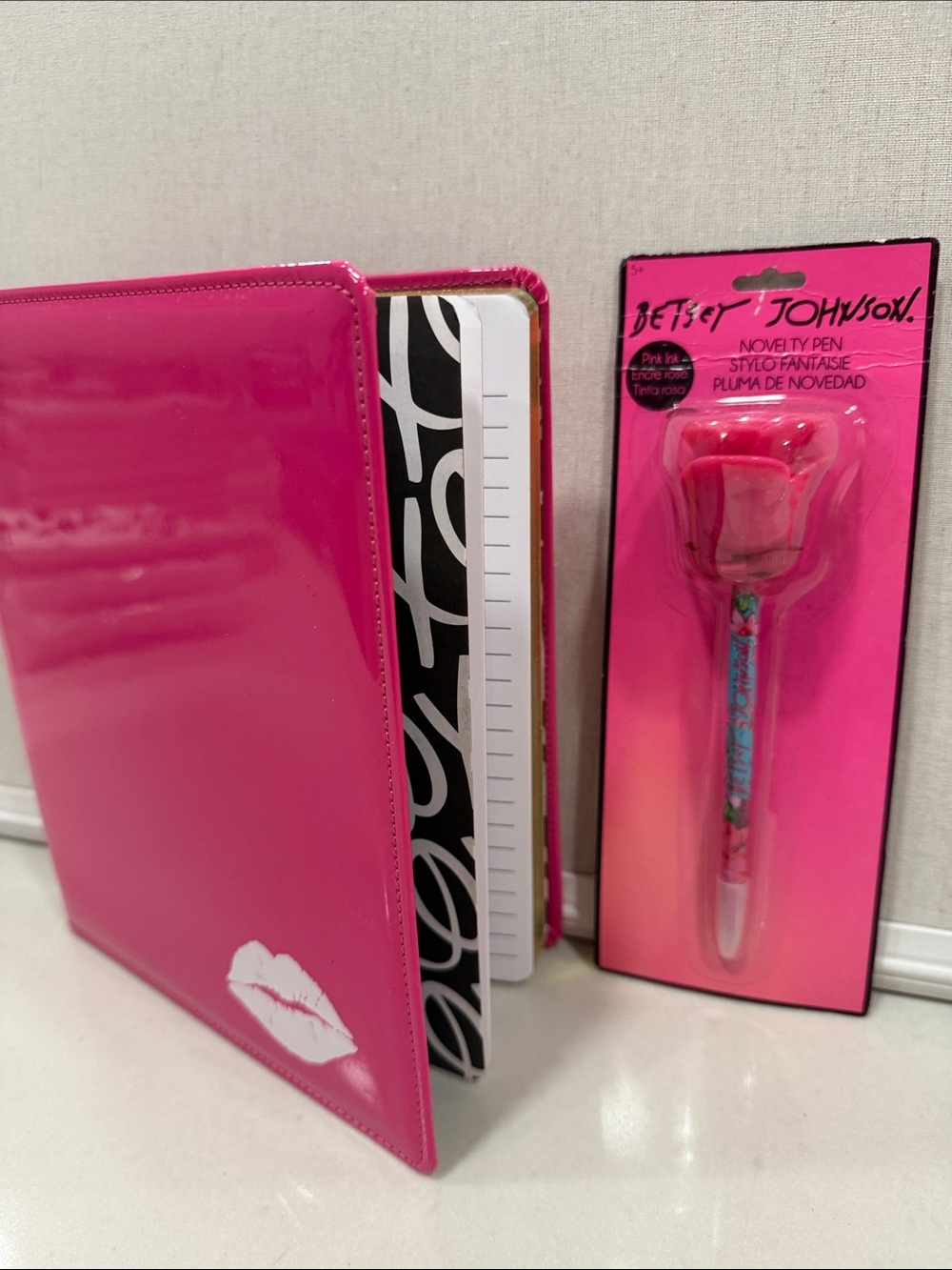 Betsey Johnson Hot Pink T Notebook with Novelty Rose Pen